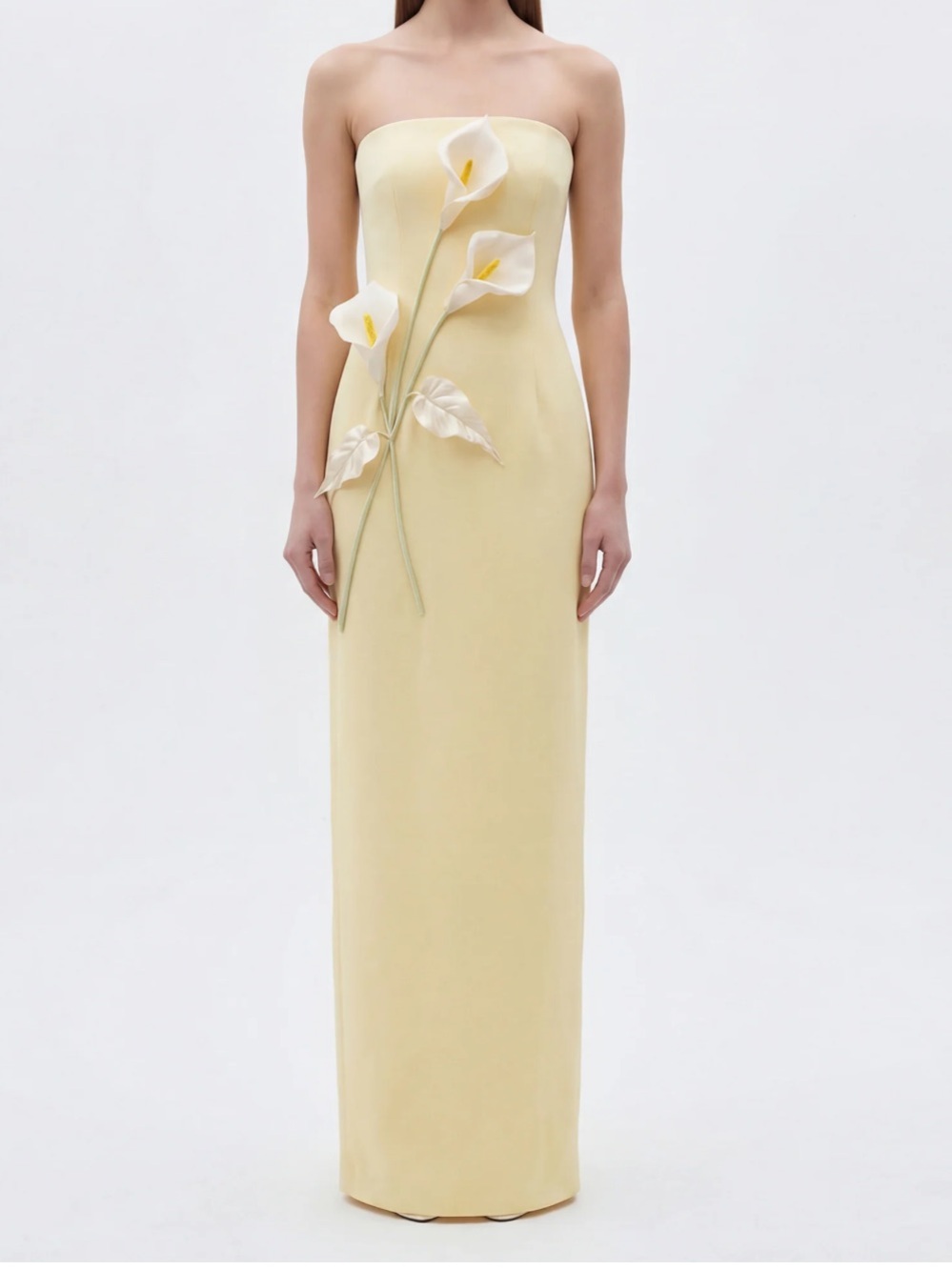 JW PEI Strapless Pale Yellow Floral Appliqué Evening Gown